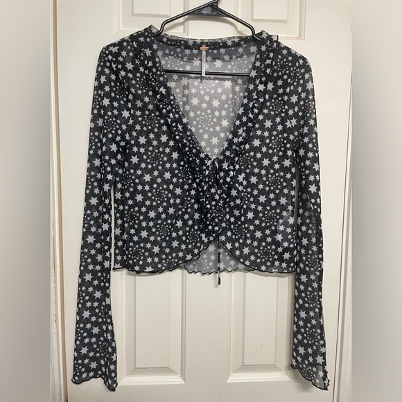 Free People Marne Sheer Black & White Star Tie Front Long Sleeve Crop Blouse - Picture 5 of 12